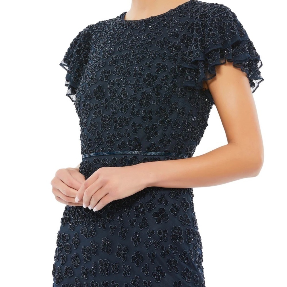 Mac Duggal 10771 NWT HAND BEADED FLOUNCE SLEEVE MIDI DRESS (Blue) - Picture 4 of 12